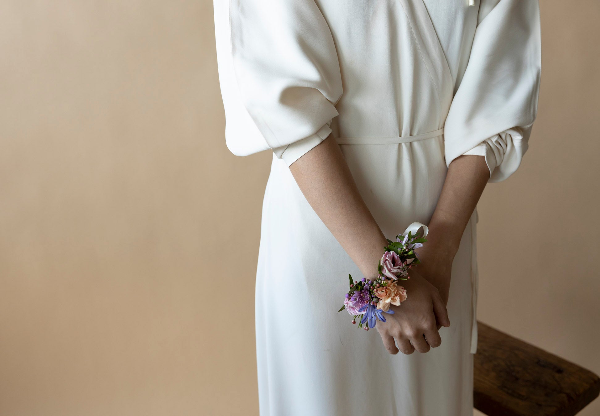 Wrist Corsages in Great Dixter Pastels on hand