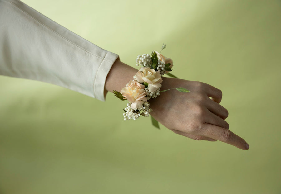 Close-up of Wrist Corsage in Sissinghurst White