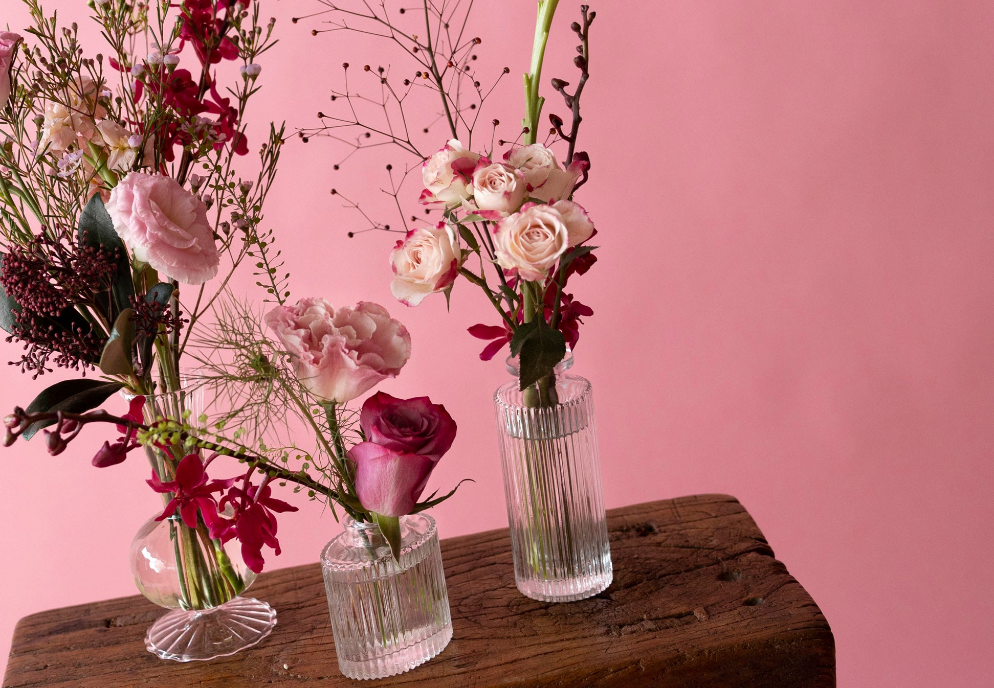 Bud Vases in Hampton Court Reds by Charlotte Puxley Flowers