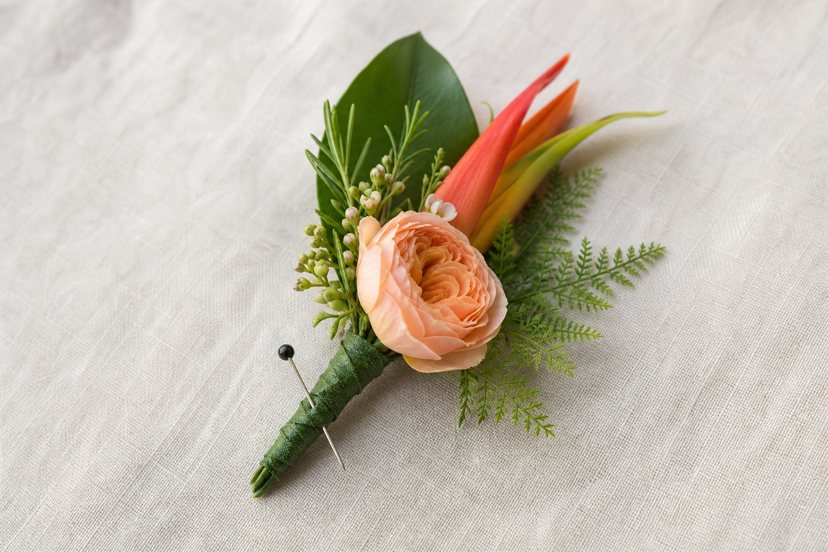 Boutonnieres finished with a natural, garden-wild character