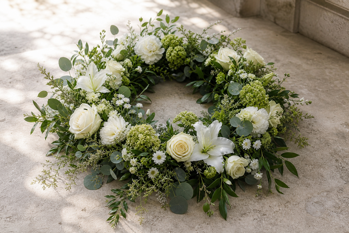 Condolence wreaths crafted with quiet care and fresh flowers