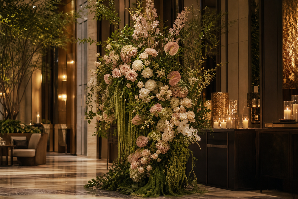 Floral stands built to fill a room with intention