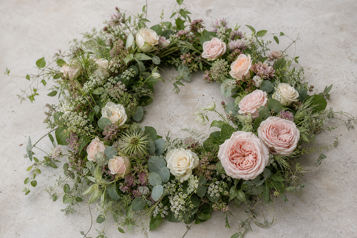 Funeral flowers arranged with quiet care and meaning