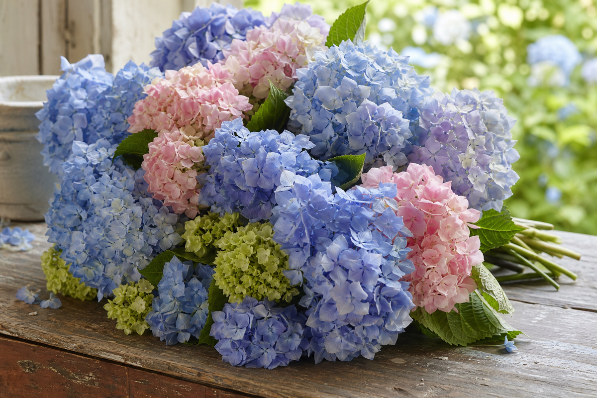 Fresh hydrangea bouquets, arranged with a garden-wild heart