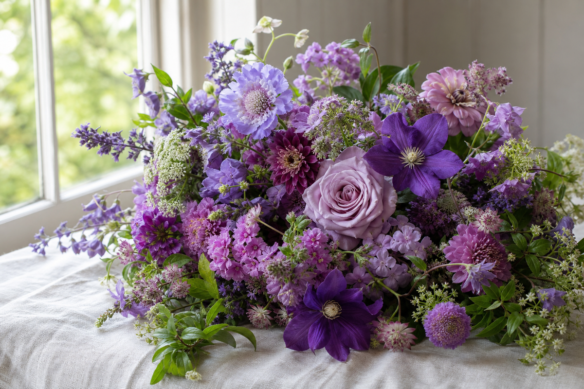 Purple flower bouquets, arranged with a natural hand