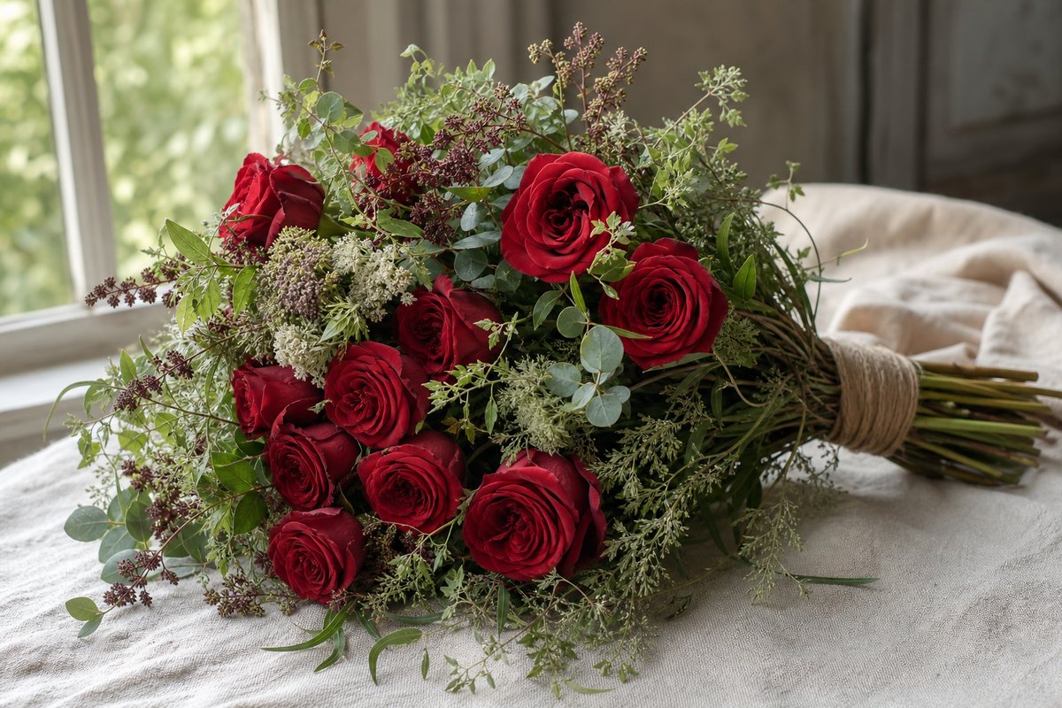 Red roses, arranged the way nature intended