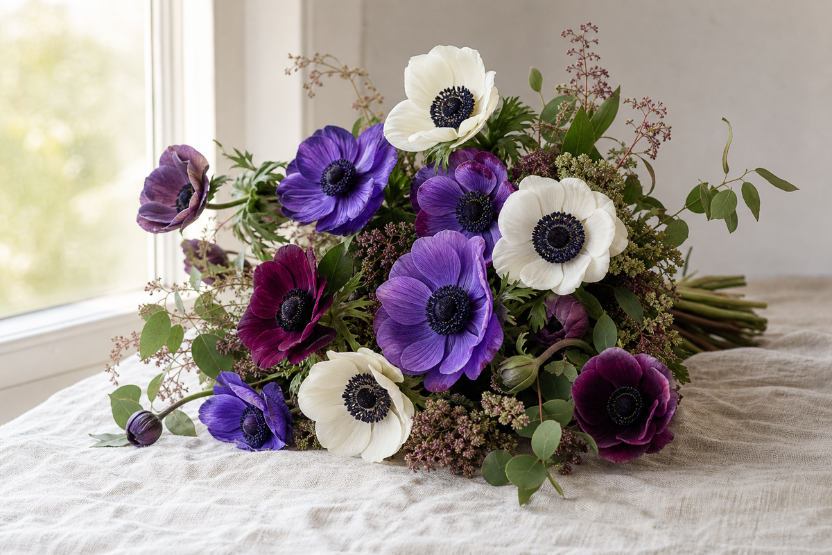 Windflower bouquets that arrive looking like they were just gathered