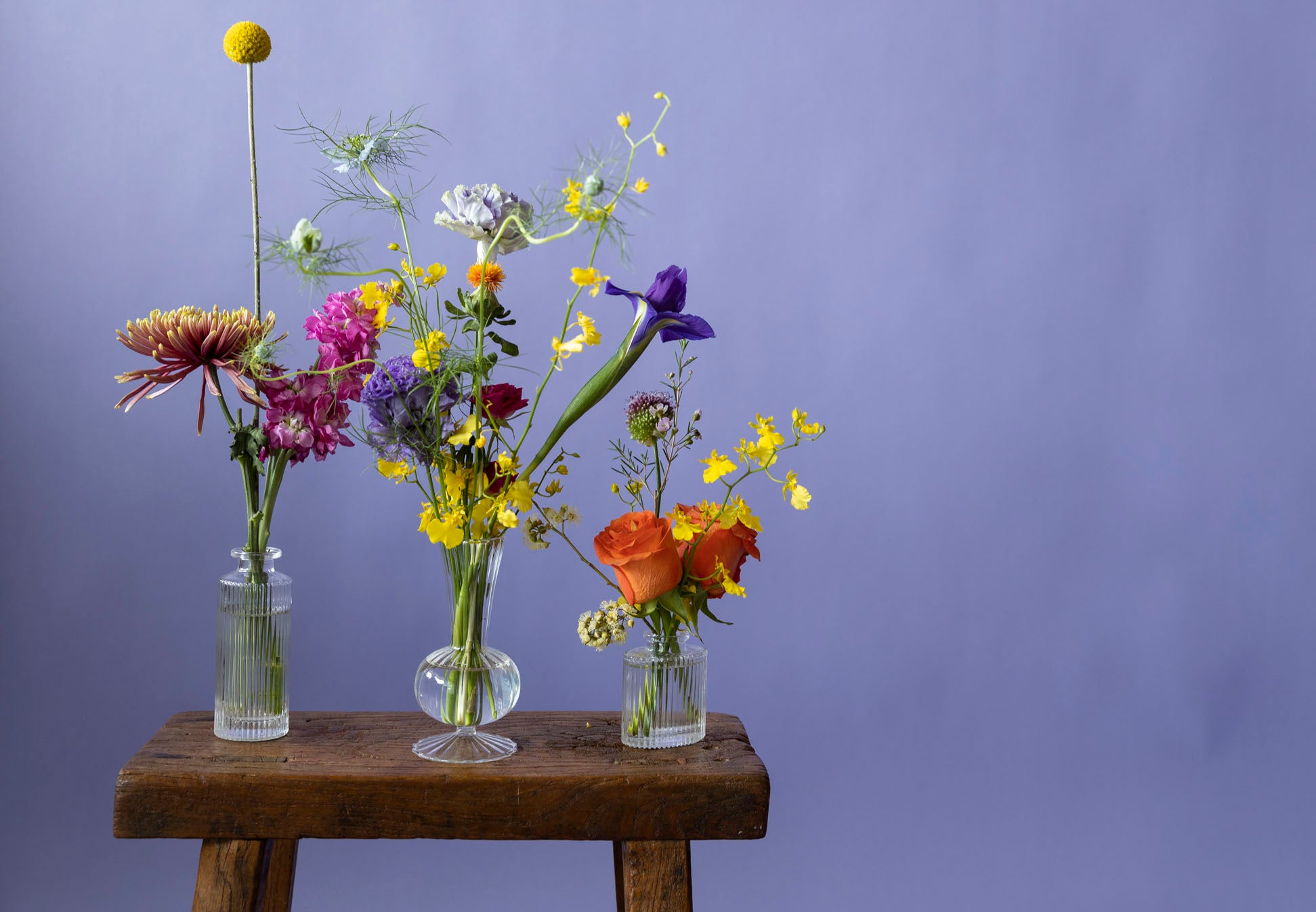Bud Vases in Hidcote Brights by Charlotte Puxley Flowers