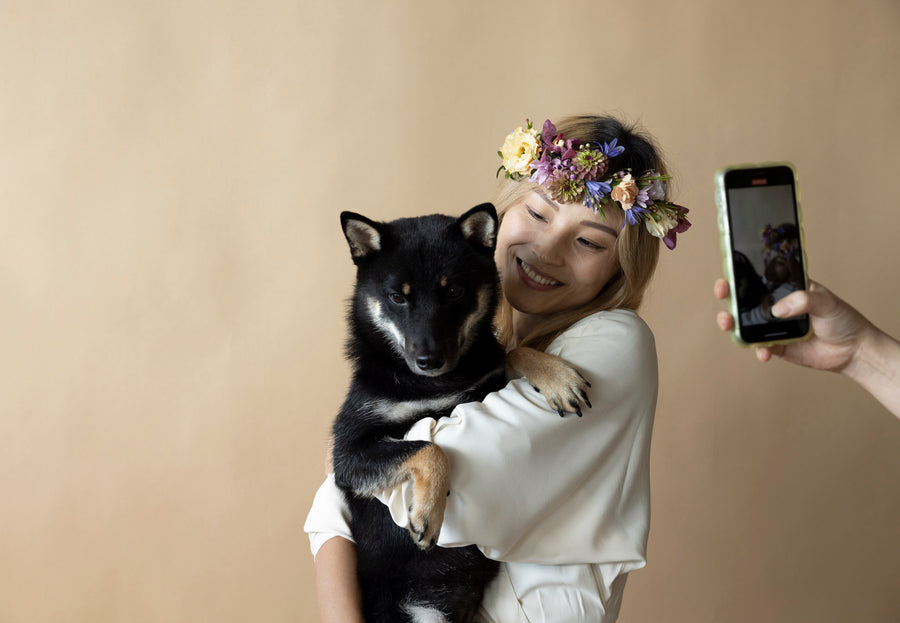 Photoshoot of Lady wear Floral Crowns in Great Dixter Pastels and Dog