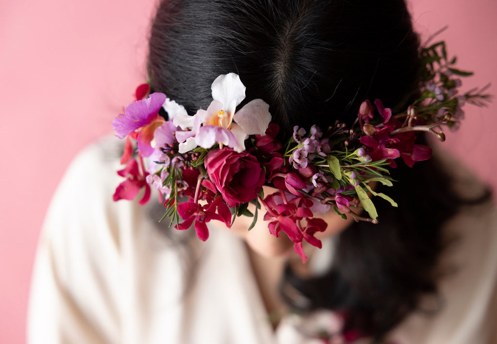 Close-up of Floral Crown in Hampton Court Reds