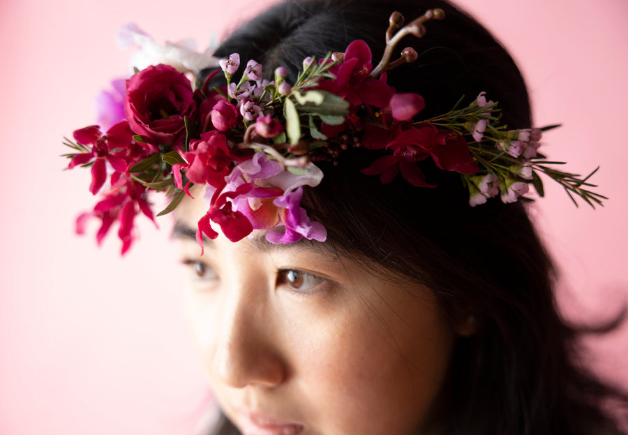 Floral Crown in Hampton Court Reds by Charlotte Puxley Flowers