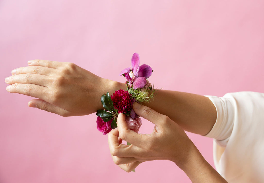 Wrist Corsages in Hampton Court Reds on hand