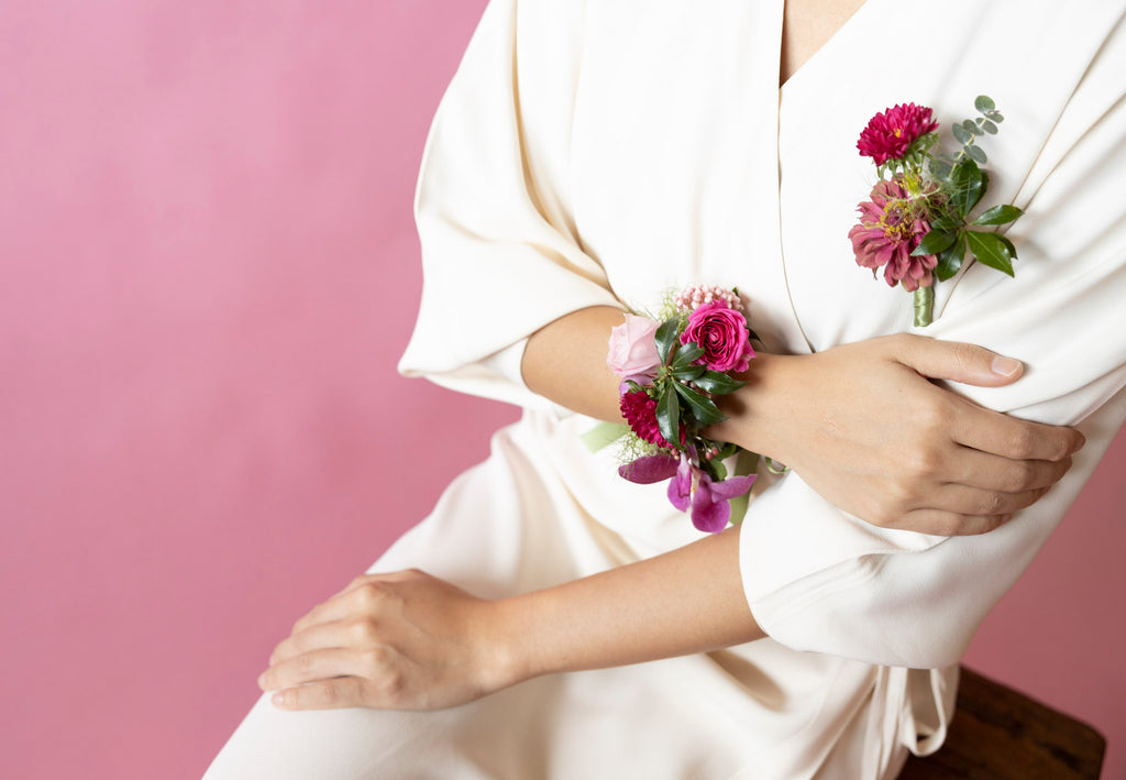 Boutonnière and Wrist Corsages in Hampton Court Reds